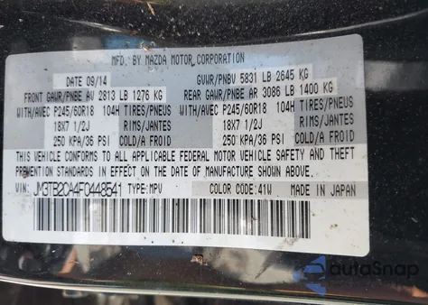 2015 Mazda Cx-9 Touring z USA, uszkodzony, nr VIN JM3TB2CA4F0448541